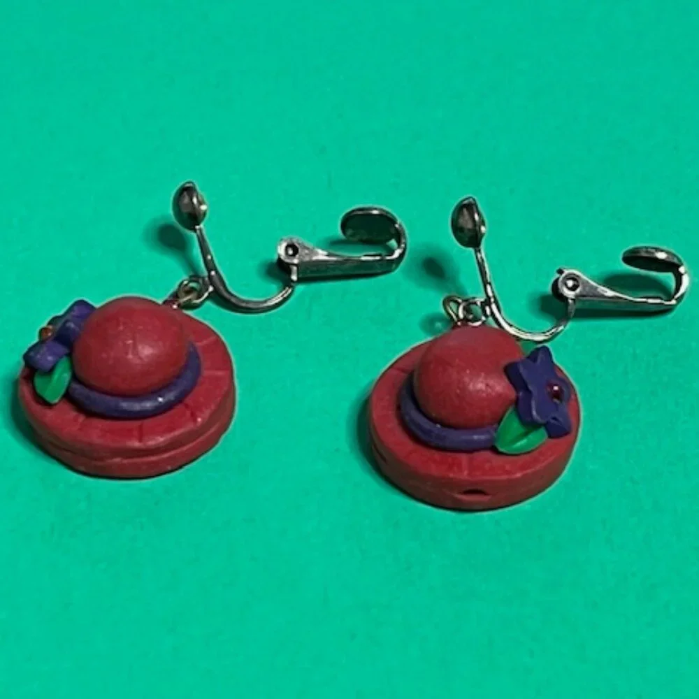VTG Handcrafted Red Hat Purple Flowers Trim Polymer Clay Clip-on Earrings .75